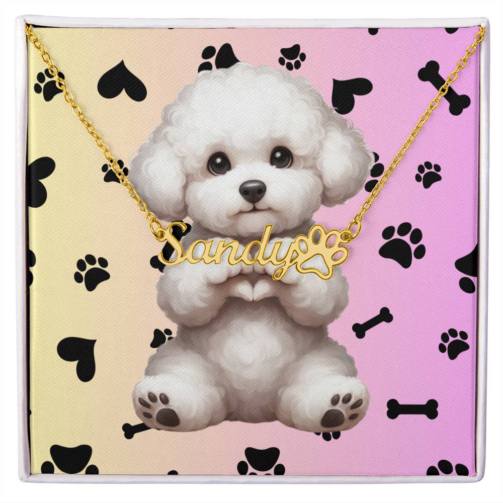 Bichon Frise Dog: Bichon Frise pendant on a custom name necklace, personalized with a paw print charm.