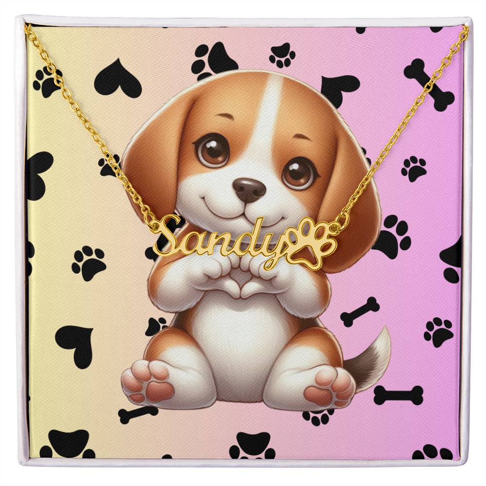 Beagle Dog: Beagle dog pendant with engraved name on a personalized paw print necklace.