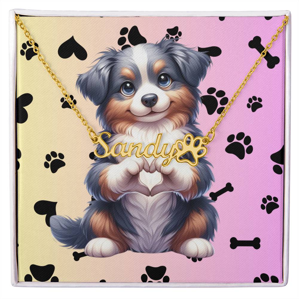 Australian Shepherd name necklace, custom paw print pendant, personalized dog mom gift