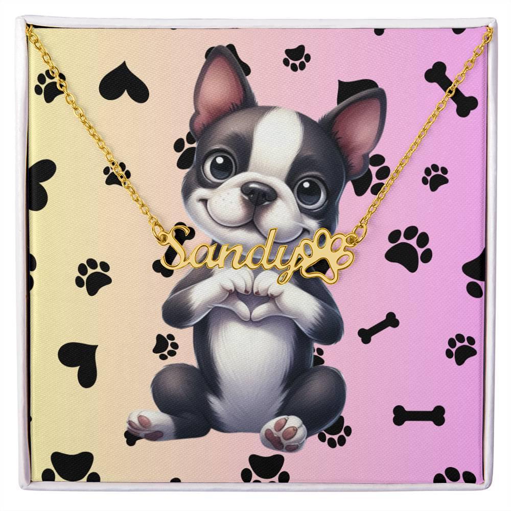 Boston Terrier paw necklace with personalized pet name charm, engraved dog jewelry gift for Boston Terrier moms