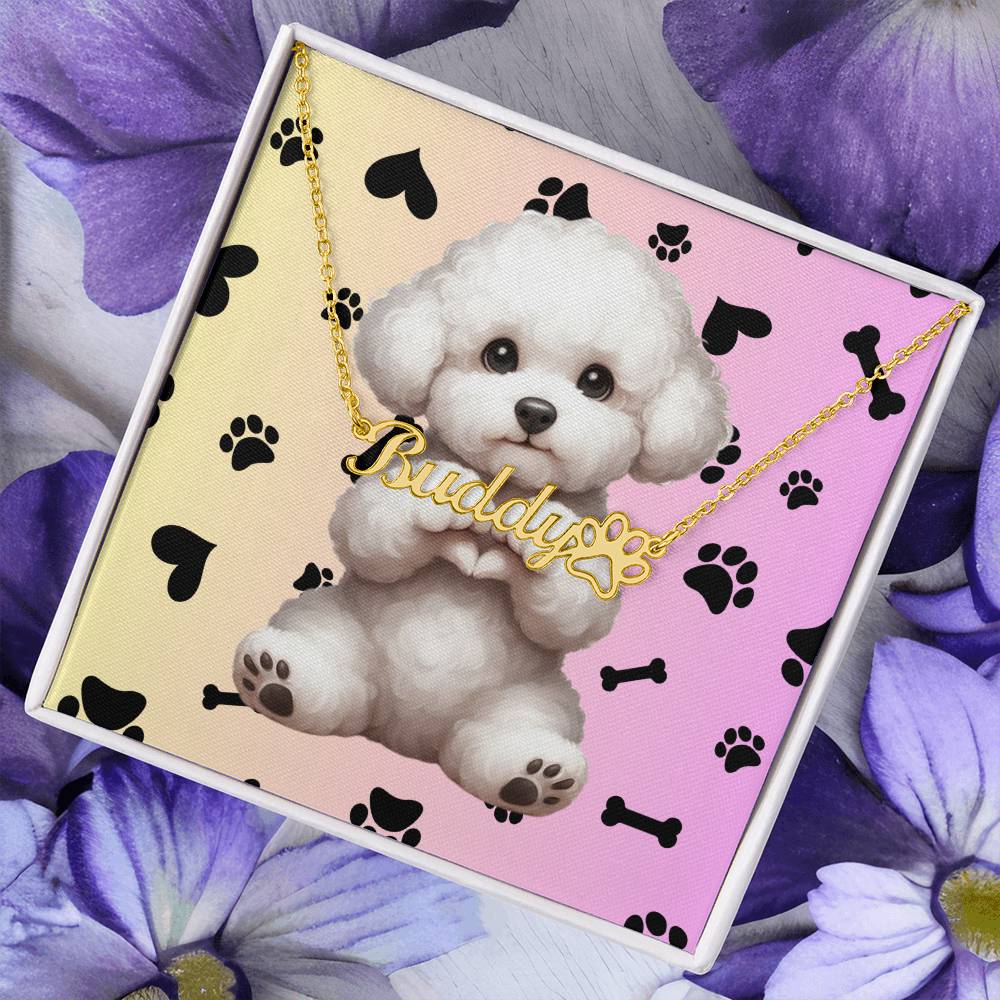 Bichon Frise Dog: Bichon Frise pendant on a custom name necklace, personalized with a paw print charm.