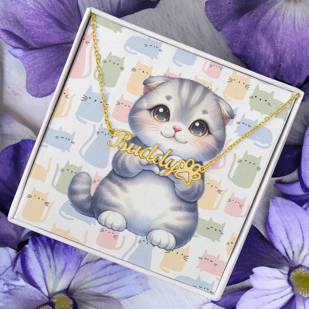 Scottish Fold Cat - Personalized Name Necklace + Paw Print