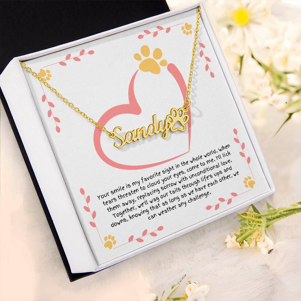 Personalized dog name necklace with paw charm, gift for dog lovers expressing unconditional love and wiping away tears