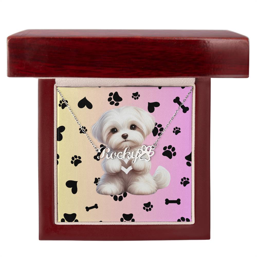 Maltese name necklace personalized paw print jewelry custom dog keepsake gift for Maltese lovers and pet owners
