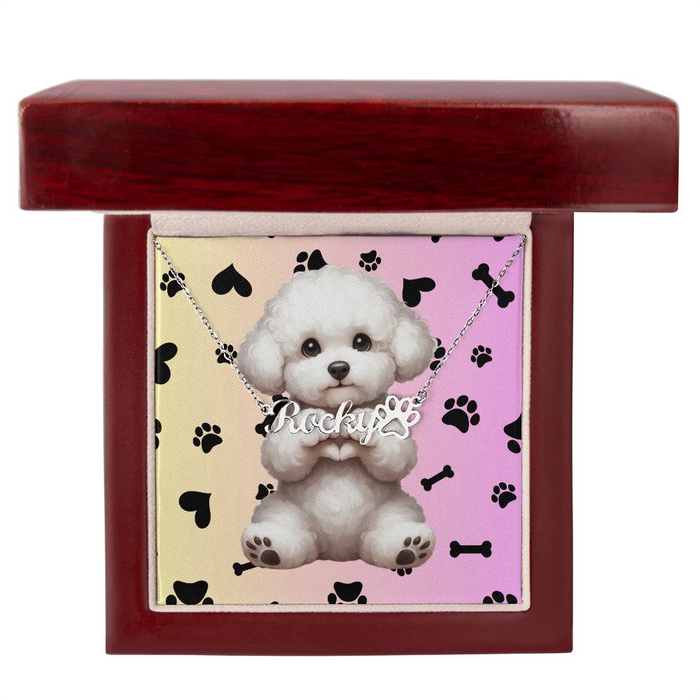 Bichon Frise Dog: Bichon Frise pendant on a custom name necklace, personalized with a paw print charm.