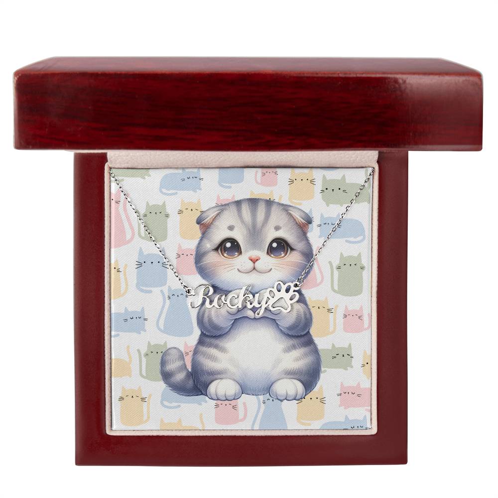 Scottish Fold Cat - Personalized Name Necklace + Paw Print