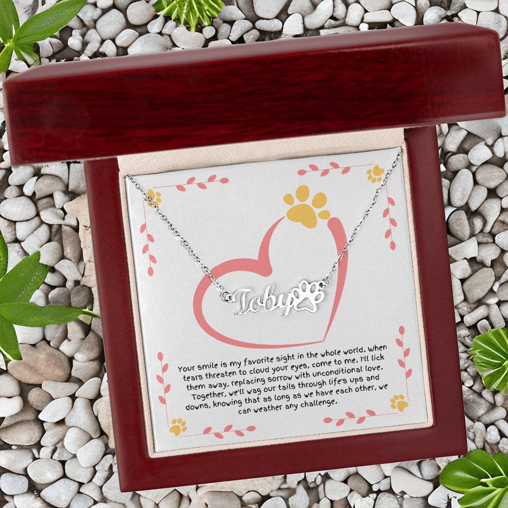 Personalized dog name necklace with paw charm, gift for dog lovers expressing unconditional love and wiping away tears