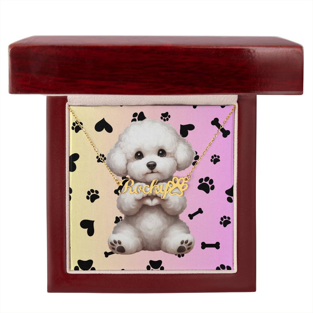 Bichon Frise Dog: Bichon Frise pendant on a custom name necklace, personalized with a paw print charm.
