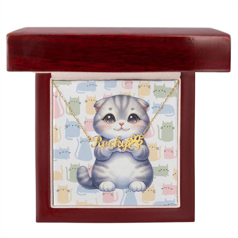 Scottish Fold Cat - Personalized Name Necklace + Paw Print