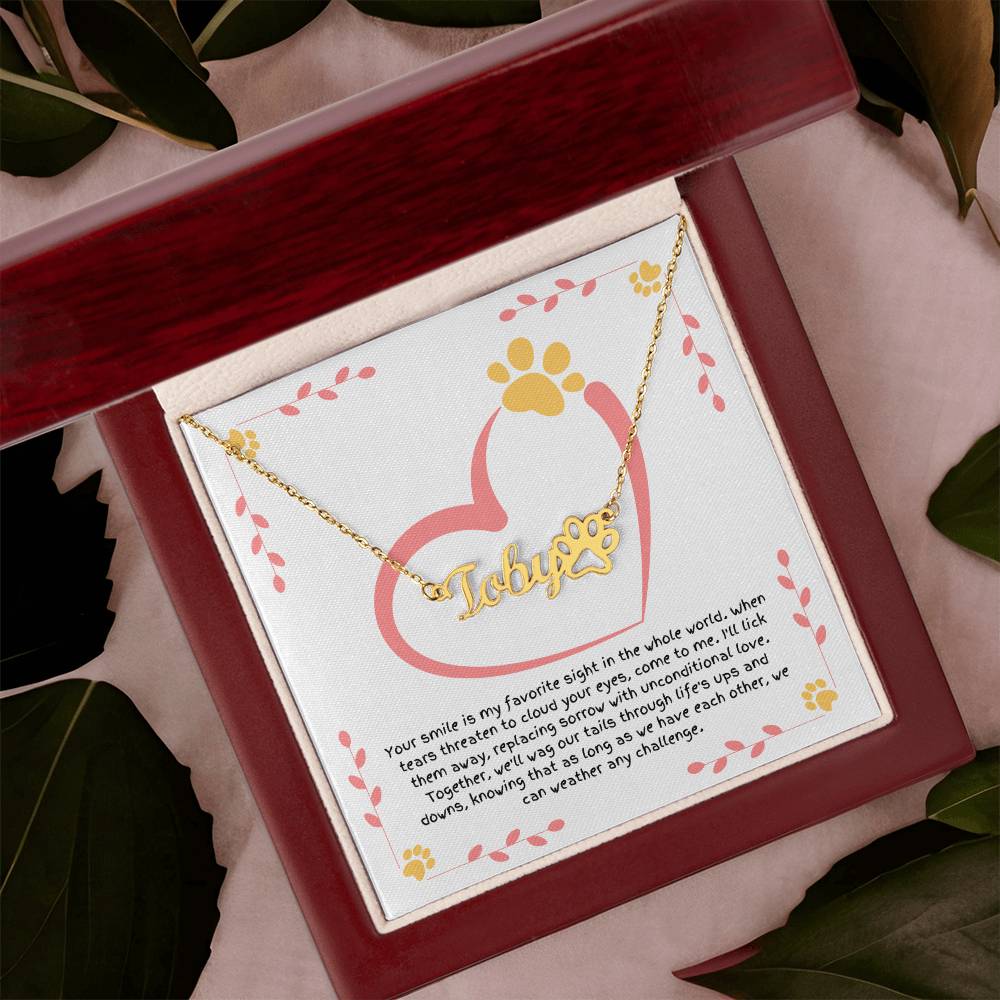 Personalized dog name necklace with paw charm, gift for dog lovers expressing unconditional love and wiping away tears