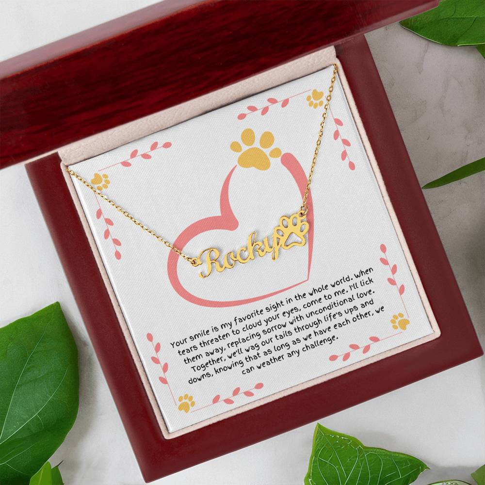 Personalized dog name necklace with paw charm, gift for dog lovers expressing unconditional love and wiping away tears
