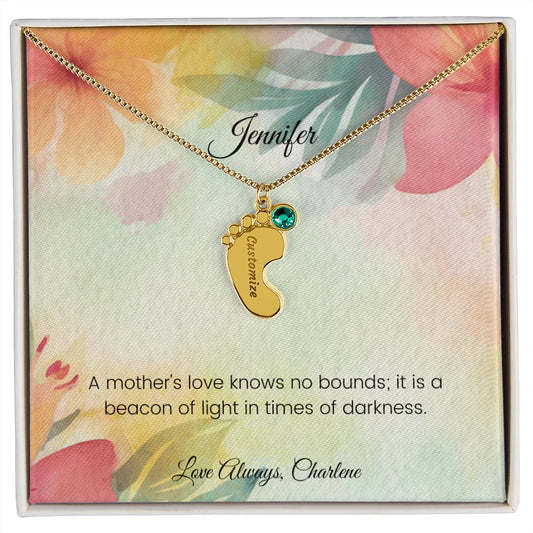 A Mother's Love Knows No Bounds - Engraved Baby Feet Necklace with Birthstone