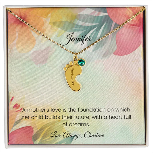 A Mother's Love Is the Foundation - Engraved Baby Feet Necklace with Birthstone