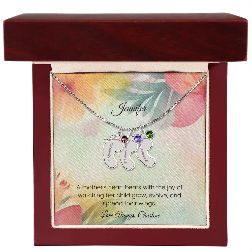 A Mother's Heart Beats with the Joy - Engraved Baby Feet Necklace with Birthstone