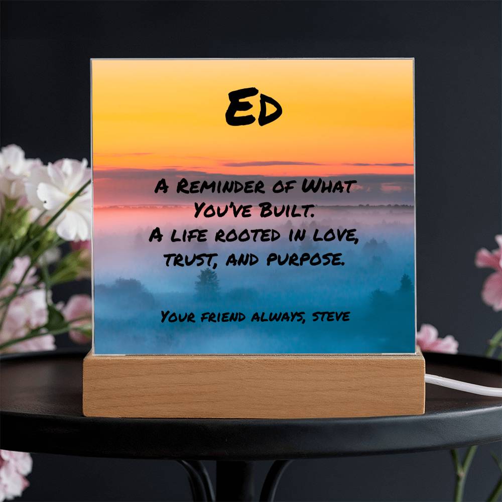 Custom 7-inch acrylic plaque reading “A Reminder of What You’ve Built,” heartfelt father appreciation gift with optional LED display.