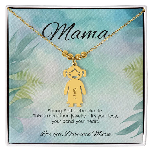 Strong. Soft. Unbreakable - Engraved Kids Charm Necklace for Mom or Grandma