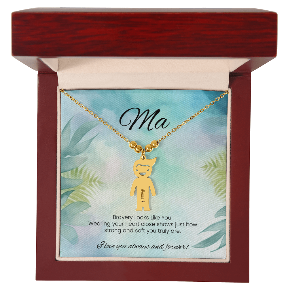 Strength-inspired jewelry for moms – engraved necklace saying “Bravery Looks Like You” with kids' names
