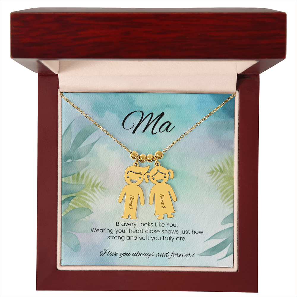 Strength-inspired jewelry for moms – engraved necklace saying “Bravery Looks Like You” with kids' names