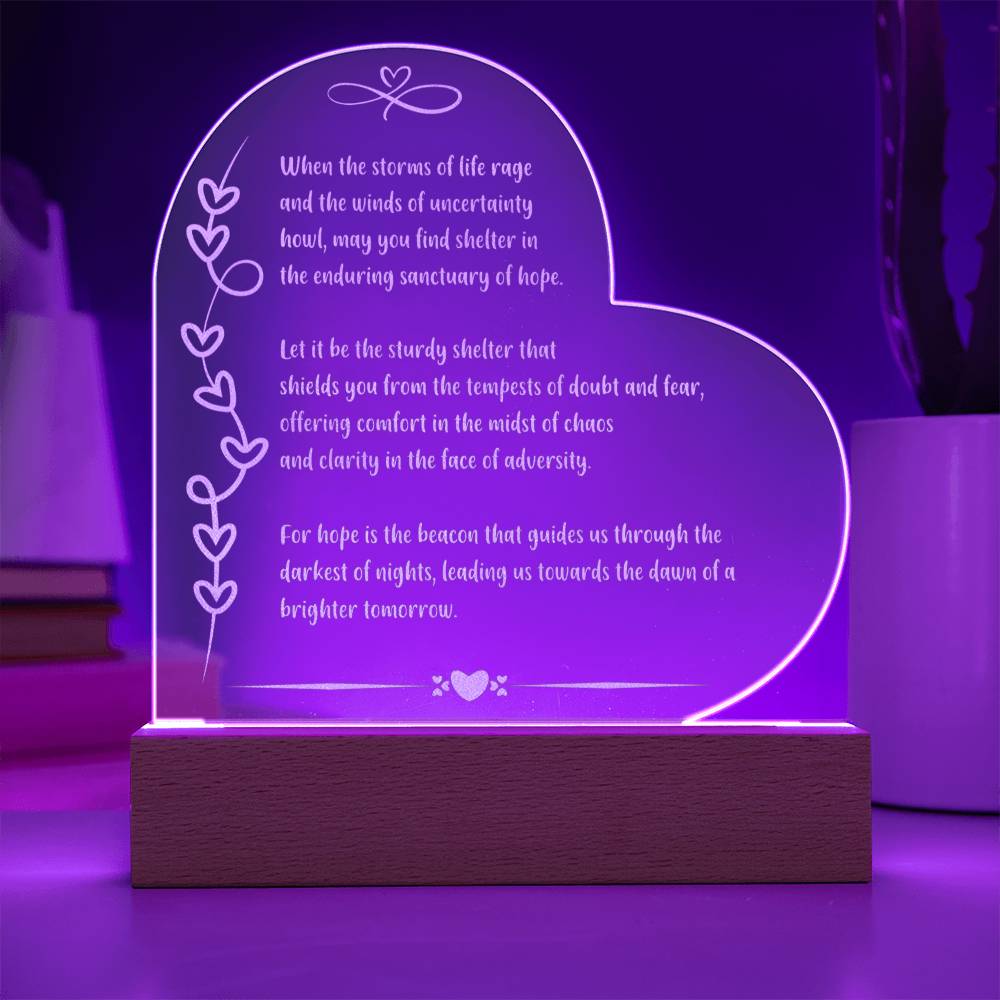 Motivational 7 inch acrylic LED plaque engraved with “When the Storms of Life Hit” message.