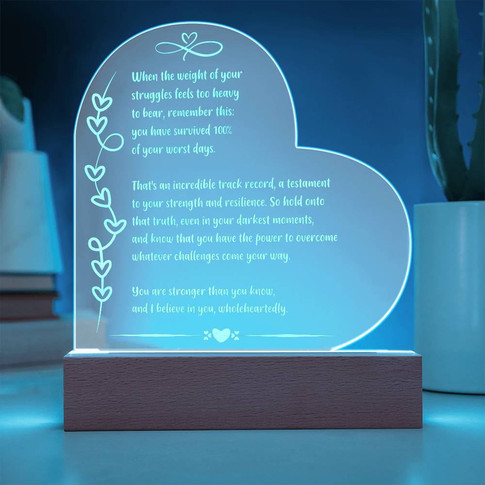 Encouraging 7 inch LED acrylic plaque with “When the Weight of Your Struggles Builds” message.