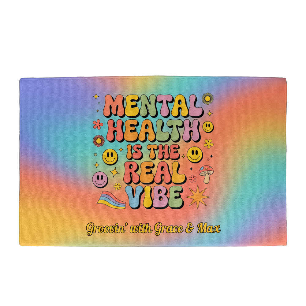 Mental Health Is the Real Vibe welcome mat - groovy home decor with customizable message