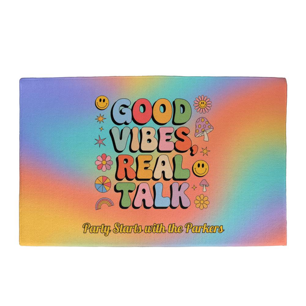 Retro welcome mat with "Good Vibes, Real Talk" saying - personalized mental health home decor