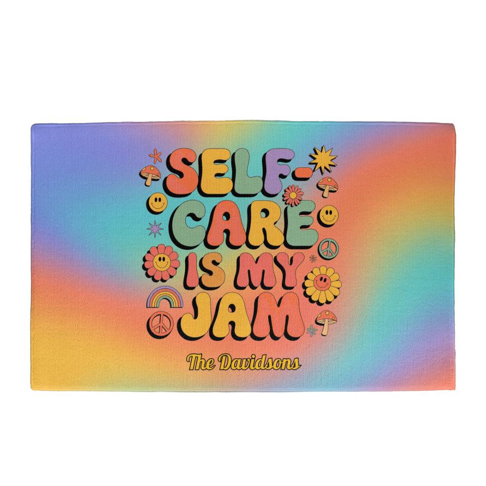 Self-Care Is My Jam welcome mat - retro mental wellness rug for cozy entryways or therapy offices