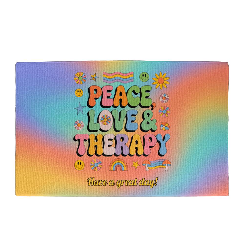 Peace, Love & Therapy welcome mat - custom retro home decor for emotional support spaces