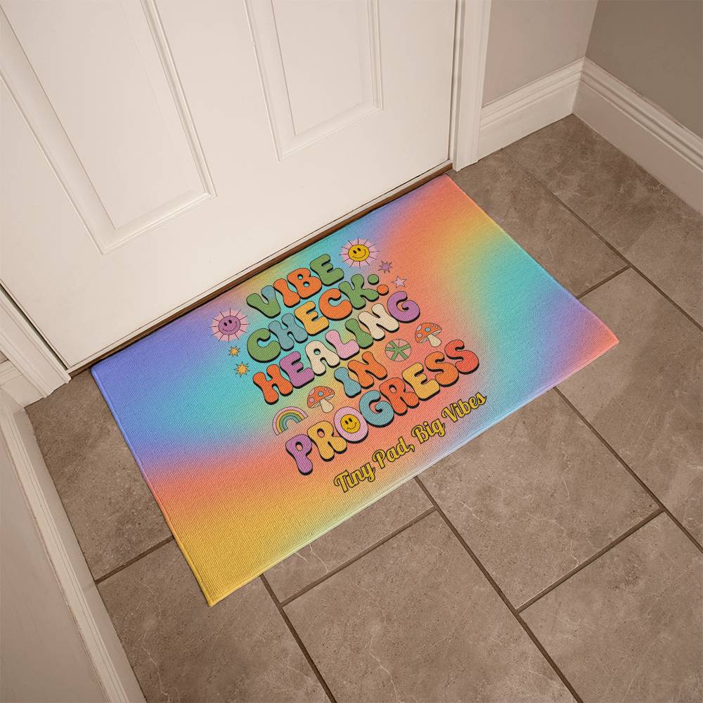 Vibe Check: Healing in Progress welcome mat - custom groovy home decor for self-care and healing