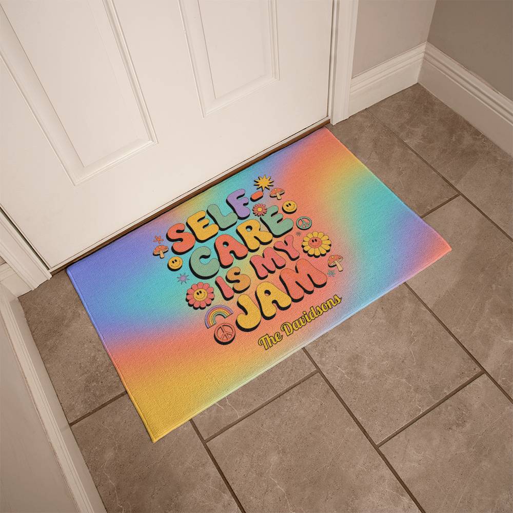 Self-Care Is My Jam welcome mat - retro mental wellness rug for cozy entryways or therapy offices