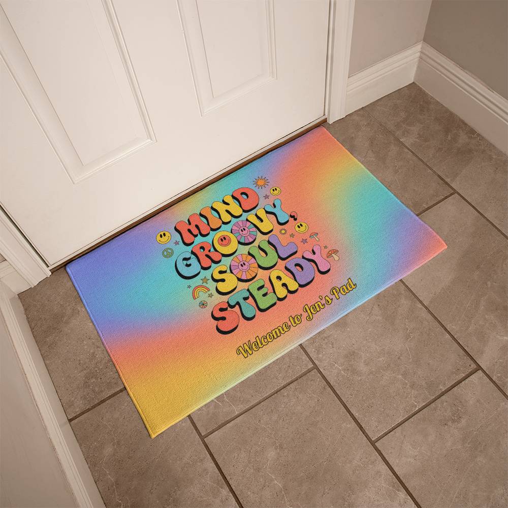 Mind Groovy, Soul Steady welcome mat - 70s retro mental health rug for home or office