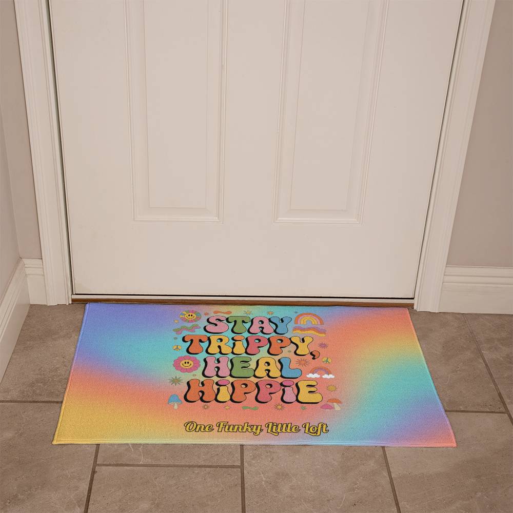 Stay Trippy Heal Hippie welcome mat, groovy mental health entry rug - MySisterIsASurvivor