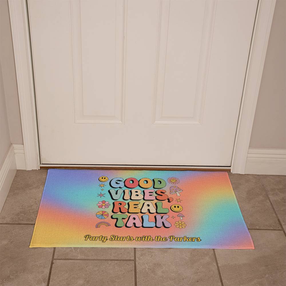 Retro welcome mat with "Good Vibes, Real Talk" saying - personalized mental health home decor
