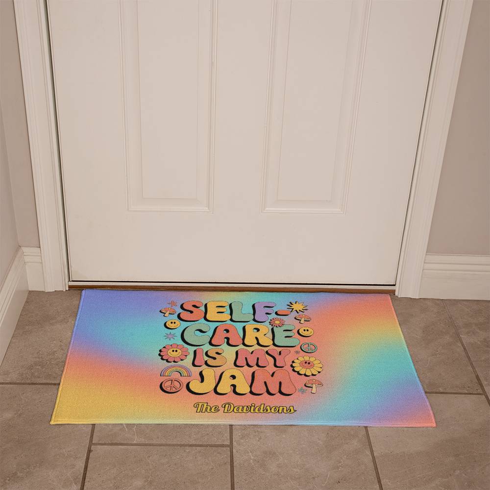 Self-Care Is My Jam welcome mat - retro mental wellness rug for cozy entryways or therapy offices