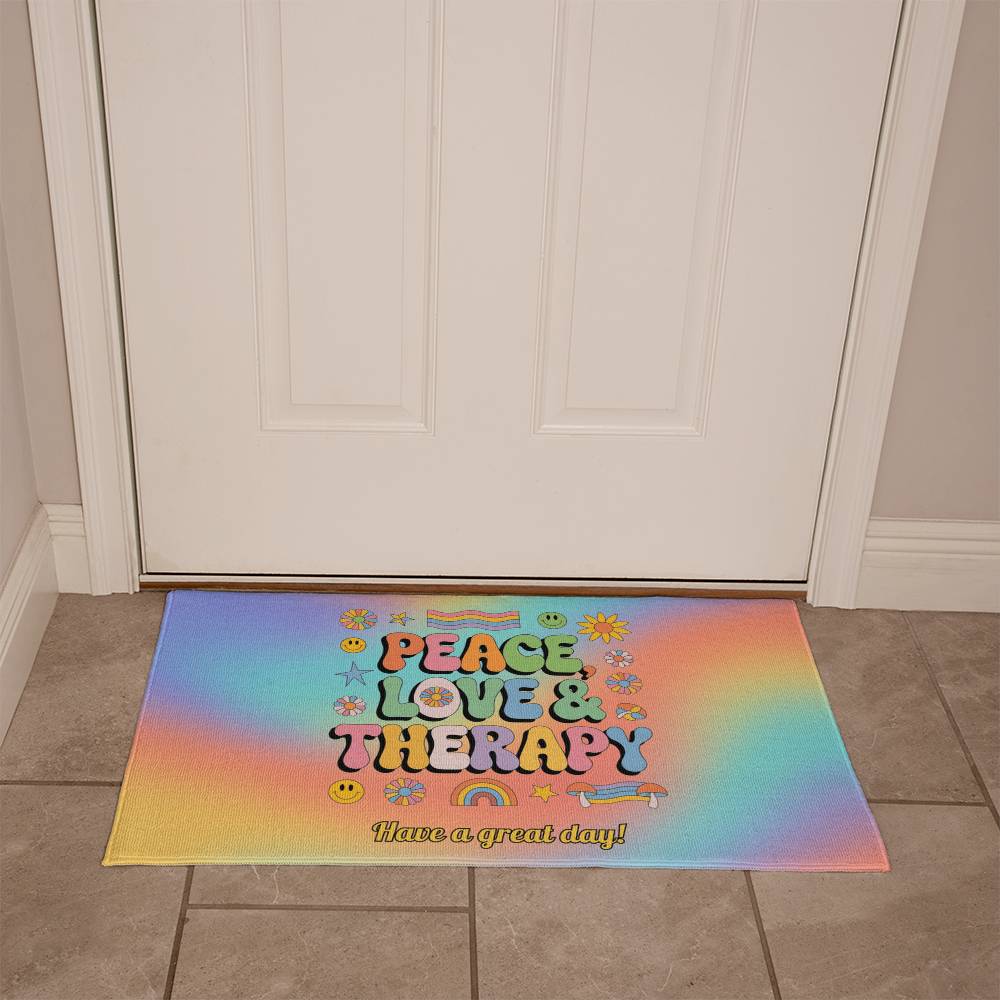 Peace, Love & Therapy welcome mat - custom retro home decor for emotional support spaces