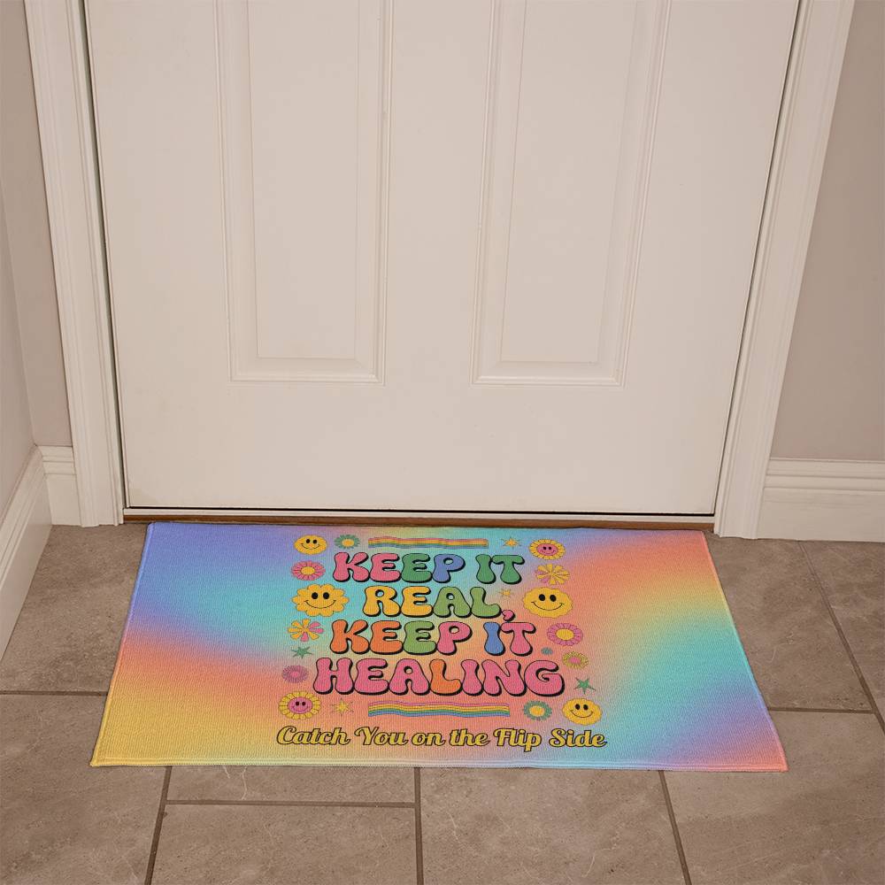 Keep It Real, Keep It Healing 70s Welcome Mat, Therapy Mental Health Entry Rug - MySisterIsASurvivor