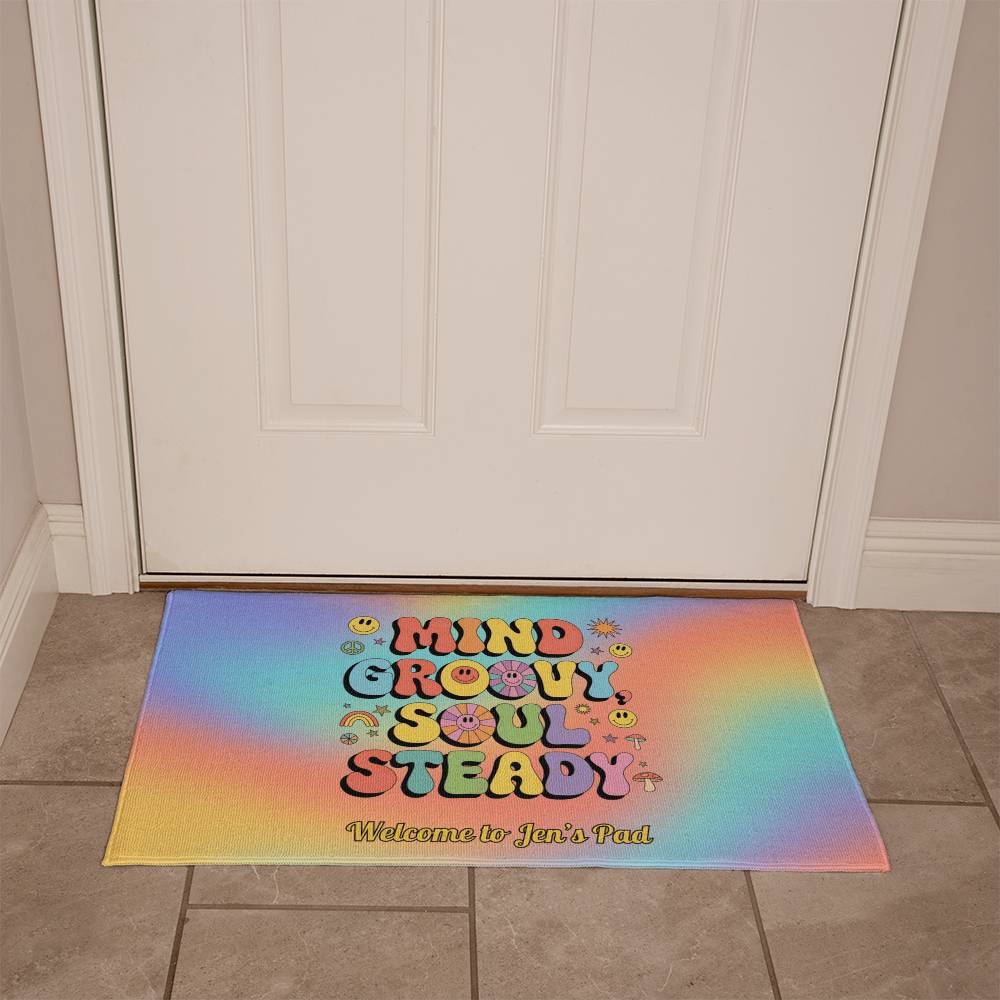 Mind Groovy, Soul Steady welcome mat - 70s retro mental health rug for home or office