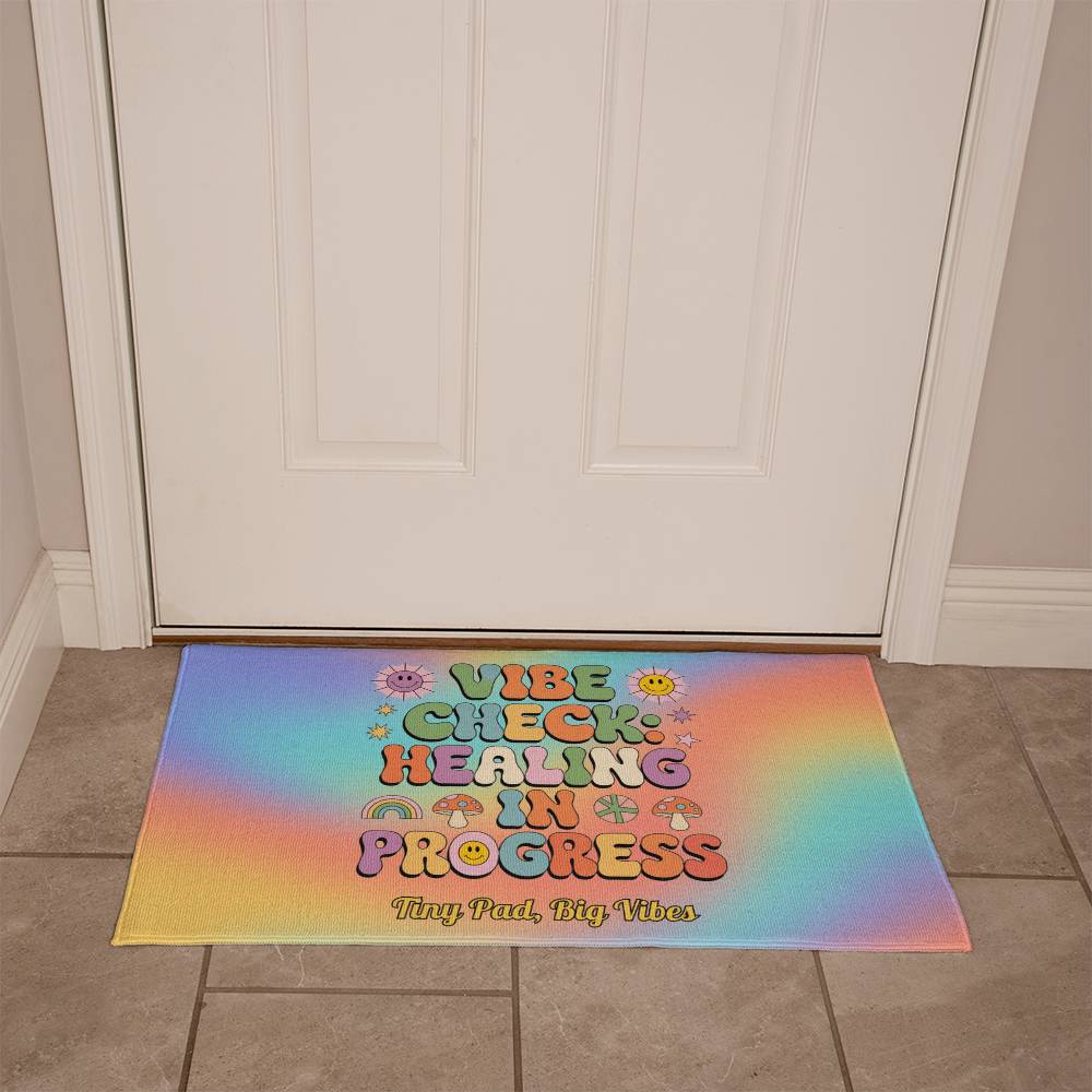 Vibe Check: Healing in Progress welcome mat - custom groovy home decor for self-care and healing