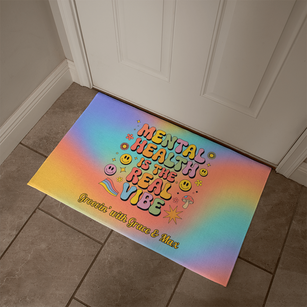Mental Health Is the Real Vibe welcome mat - groovy home decor with customizable message