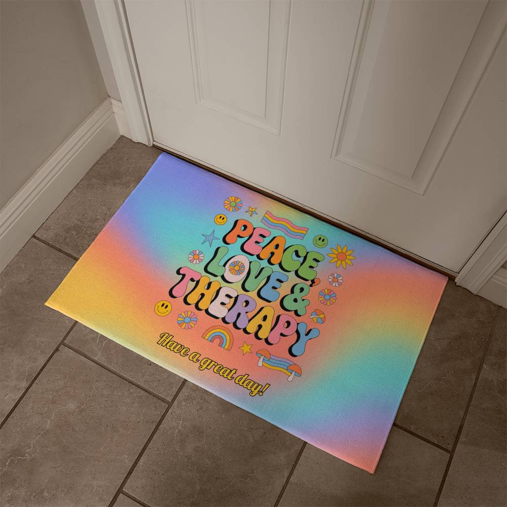 Peace, Love & Therapy welcome mat - custom retro home decor for emotional support spaces