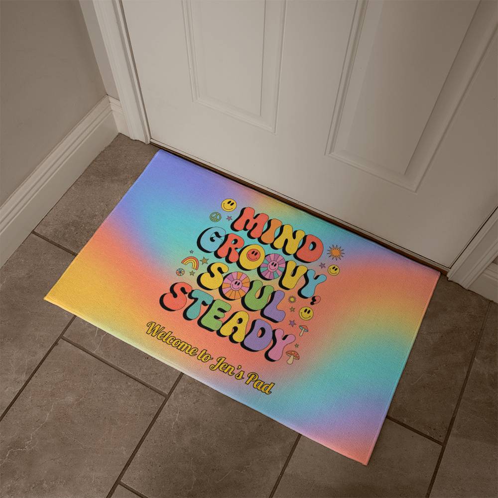 Mind Groovy, Soul Steady welcome mat - 70s retro mental health rug for home or office