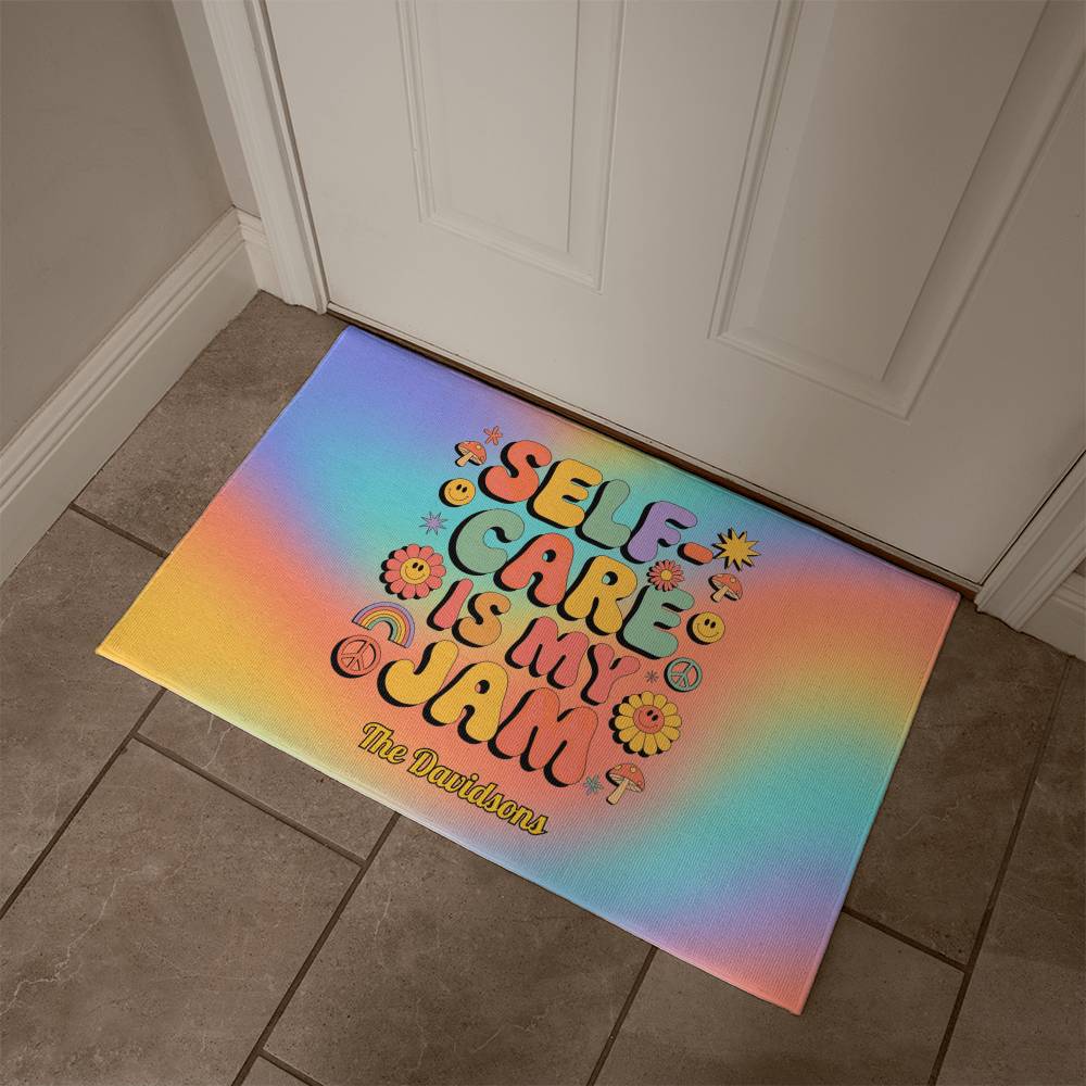 Self-Care Is My Jam welcome mat - retro mental wellness rug for cozy entryways or therapy offices