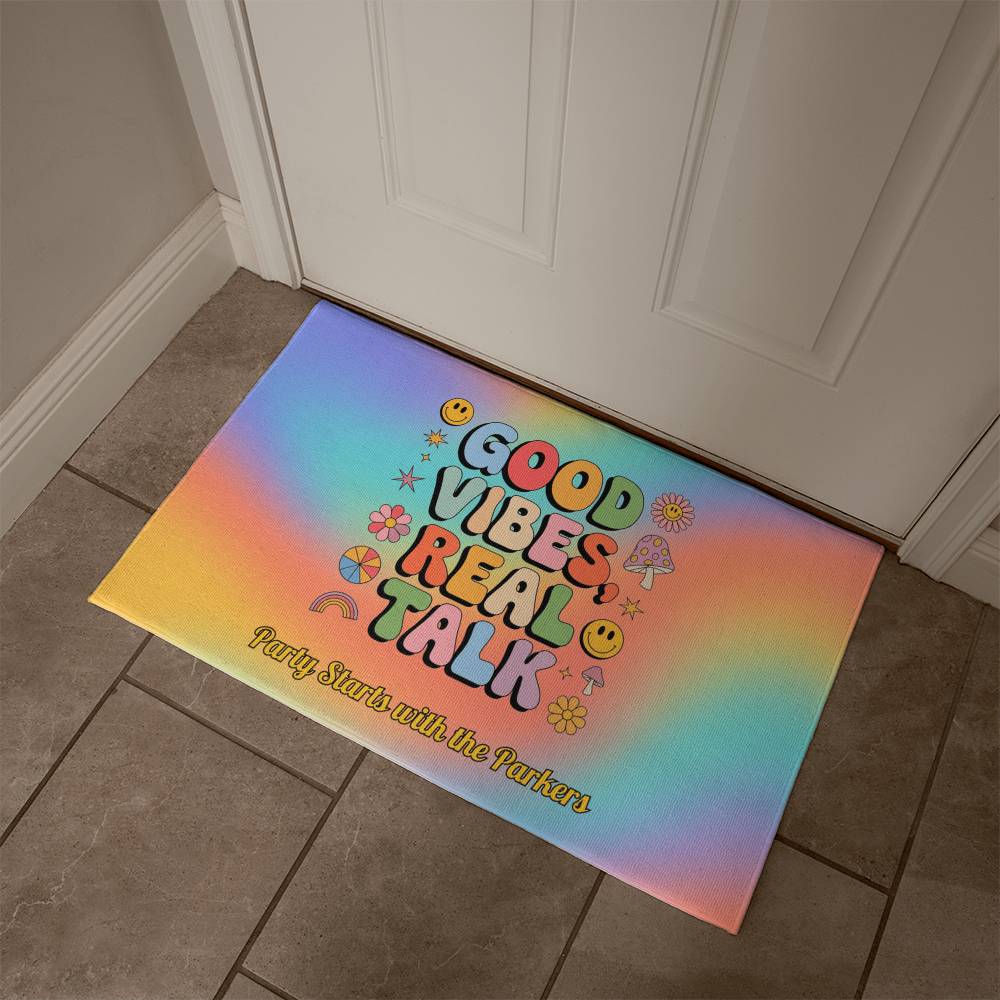 Retro welcome mat with "Good Vibes, Real Talk" saying - personalized mental health home decor