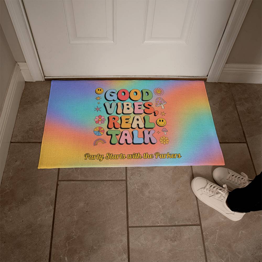 Retro welcome mat with "Good Vibes, Real Talk" saying - personalized mental health home decor