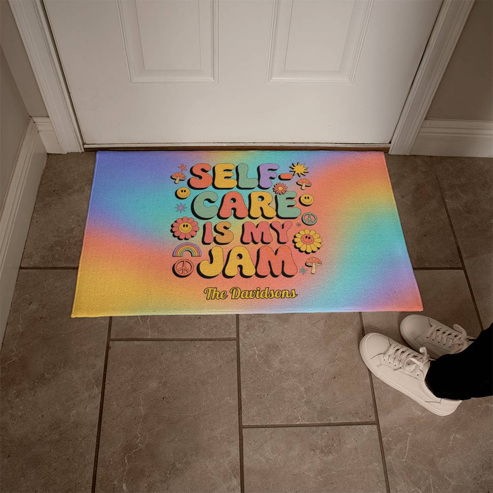 Self-Care Is My Jam welcome mat - retro mental wellness rug for cozy entryways or therapy offices