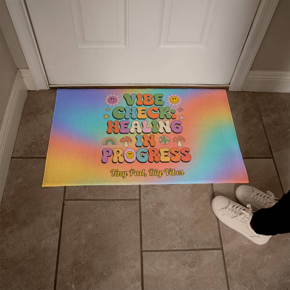 Vibe Check: Healing in Progress welcome mat - custom groovy home decor for self-care and healing