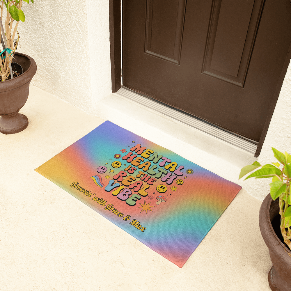 Mental Health Is the Real Vibe welcome mat - groovy home decor with customizable message