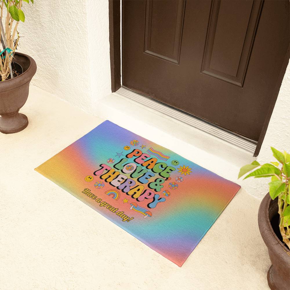 Peace, Love & Therapy welcome mat - custom retro home decor for emotional support spaces