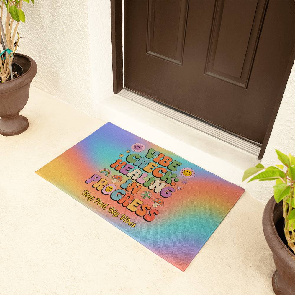 Vibe Check: Healing in Progress welcome mat - custom groovy home decor for self-care and healing