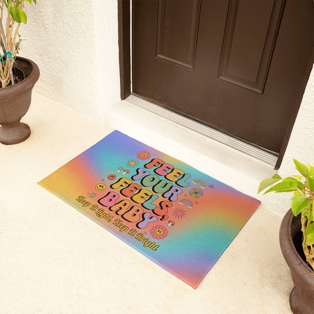 Feel Your Feels, Baby retro 70s welcome mat, self-care entry rug for home or office - MySisterIsASurvivor